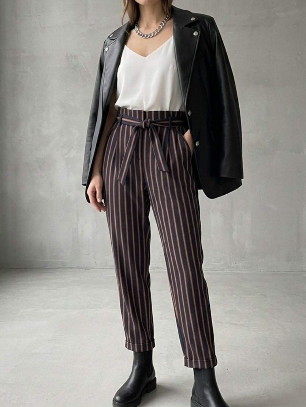 Zara Paperbag Navy Striped Trousers
